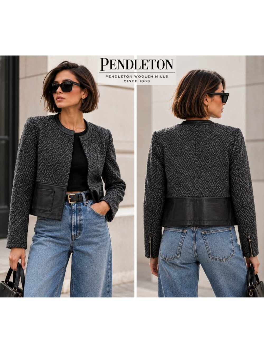 Pendleton XL Petite Lambswool Wool Leather Trim Jacket Gray Black Quiet Luxury